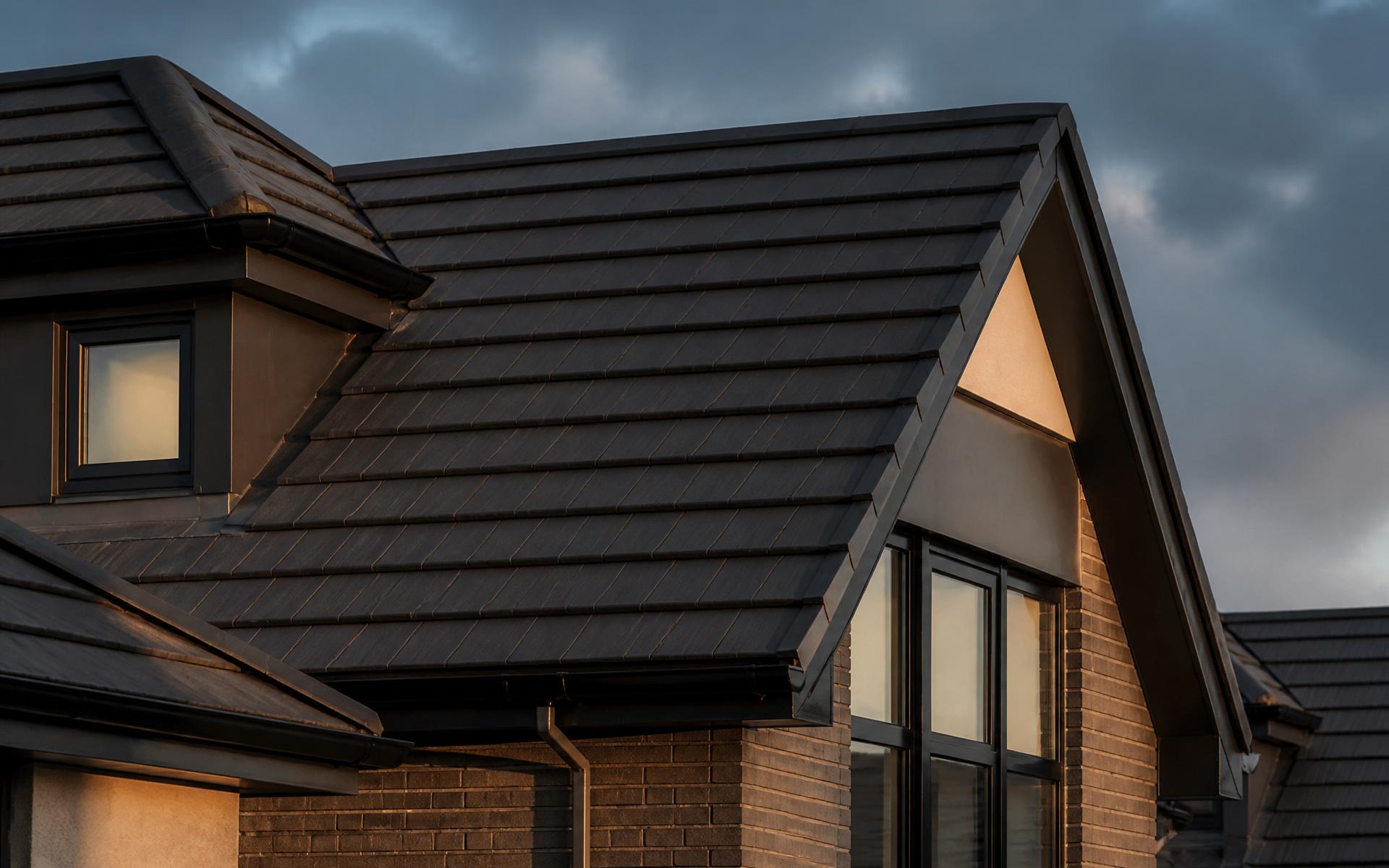 Completed concrete tile roof on a modern UK home